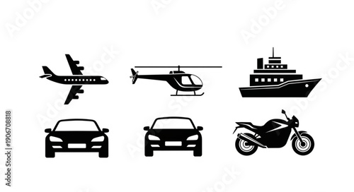 Collection of transportation icons airplane helicopter car motorcycle and ship.