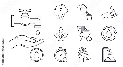 Water Conservation Icons: Tap, Rain, Hand Wash, Toilet, Shower, Recycle