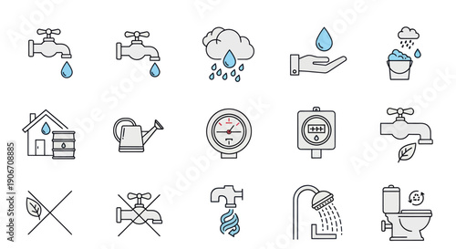 Water Conservation Icons: Rain, Faucet, Shower, Toilet, Watering Can, Meter