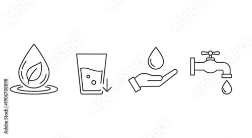Water Conservation Icons: Drop, Glass, Hand, Tap