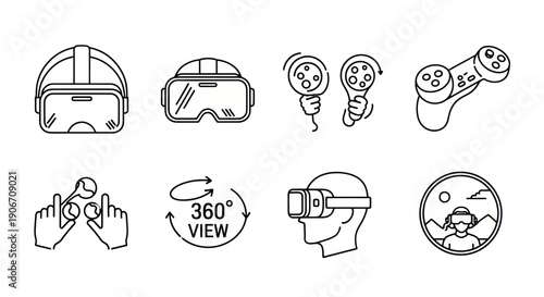 Virtual Reality Icons: VR Headset, Controllers, 360 View, Gaming