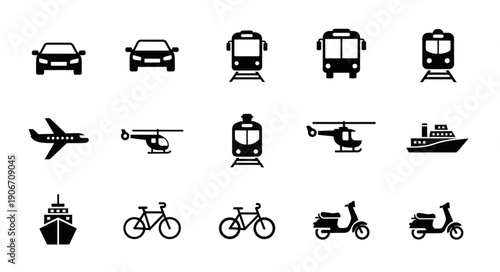 Collection of transportation icons including cars buses trains airplanes helicopters and ships.