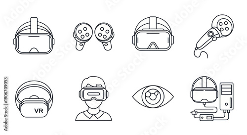 Virtual Reality Icons Set - VR Headset, Controllers, Goggles, Futuristic Technology