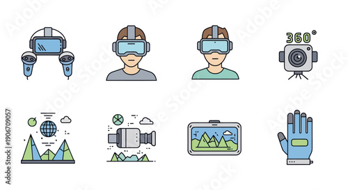 Virtual Reality Icons Set: VR Headset, Controllers, 360 Camera, Glove