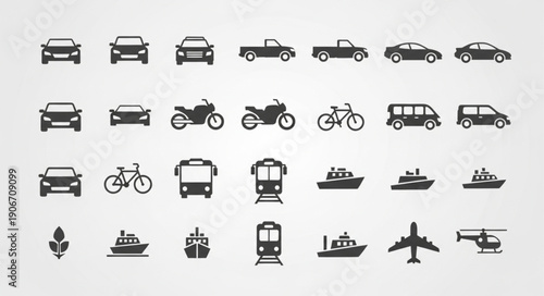 Collection of transportation icons including cars motorcycles bicycles boats trains and planes.