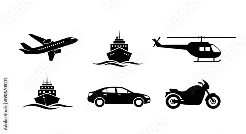 Collection of transportation vehicle icons airplane ship helicopter car motorcycle.