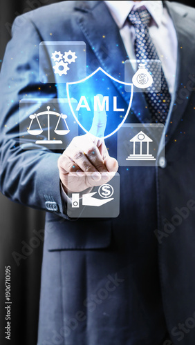 A professional businessman interacts with a digital interface showcasing AML Anti-Money Laundering compliance icons, symbolizing financial security and regulatory adherence