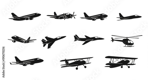Collection of various aircraft silhouettes in flight.