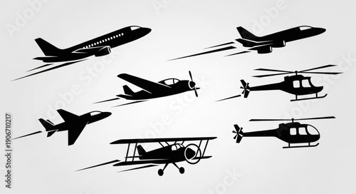 Collection of various aircraft silhouettes in flight.