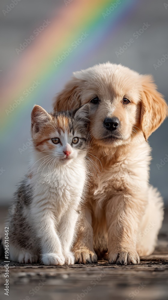 Obraz premium Golden retriever puppy and calico kitten sitting together with a rainbow in the background, showcasing a bond between two adorable young pets