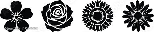 Four black silhouette flower including a rose sunflower and daisy floral
