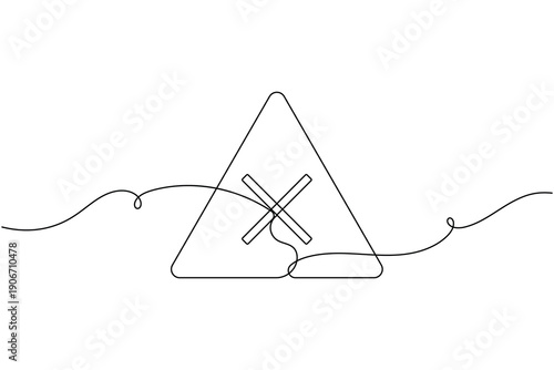 Caution cross hazard warning sign icon in triangle continuous one line drawing on white background minimalist restricted area cross symbol outline vector illustration