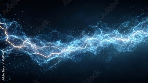 Abstract blue lightning bolt with glowing electric energy on a dark background, showcasing dynamic movement and vibrant light effects in a digital illustration