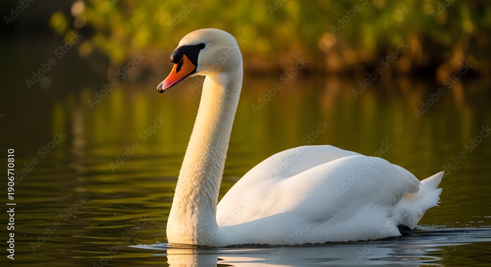 Fototapeta premium Elegant swan gliding on calm water under soft sunlight nature scene