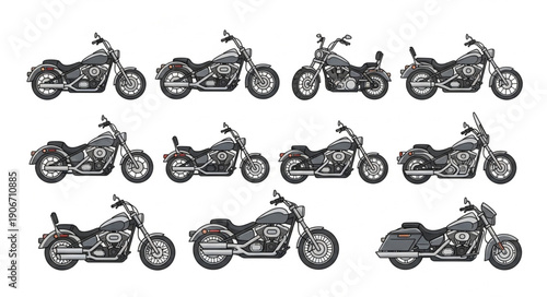 Collection of twelve different motorcycle illustrations in a grid layout.
