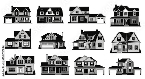 Collection of Twelve Diverse American Style Houses Silhouettes.