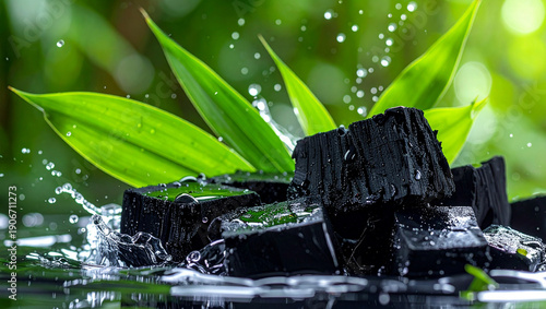 Natural Bamboo Charcoal Cubes with Green Leaves and Water Splashes