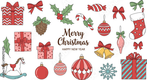 Merry Christmas Hand Drawn Vector Set with Gift Boxes, Ornaments, Holly Leaves, Candy Cane and Festive Holiday Decorations