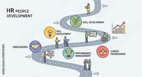 Conceptual illustration of work-life balance with woman meditating and office buildings on a scale.