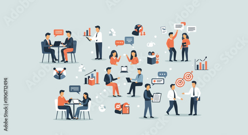 Conceptual illustration of work-life balance with woman meditating and office buildings on a scale.