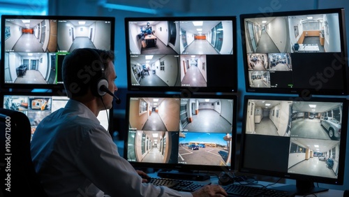 Caucasian male monitoring security footage in control room with multiple screens.