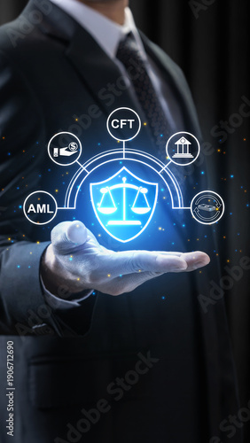 A professional in a suit presents a glowing digital shield representing AML and CFT compliance, focusing on financial security, legal regulations, and anti-money laundering measures