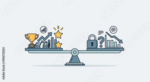 Conceptual illustration of work-life balance with scale and icons.	