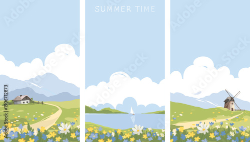 Abstract summer landscape -- farm fields. Set vector illustrations, rural view -- fields and meadows, old village and blue flowers. Hand drawn author's drawing.
