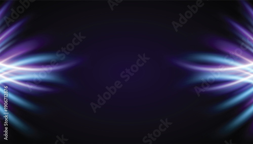 Symmetrical abstract glowing light effects in purple and blue shades emanate from the sides against a dark, mysterious backdrop, creating a sense of depth.