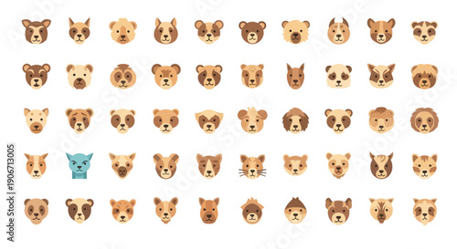 Collection of various cartoon dog faces with different expressions and colors.