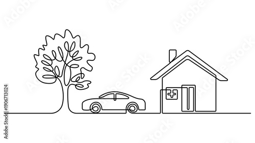 Continuous line drawing of a home, car, and tree illustration. Editable stroke