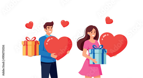 Cartoon illustration of a man and woman holding gifts and heart shapes with floating hearts around them on a white background.