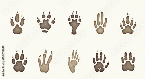 Collection of Various Animal Paw Prints on a Light Background.