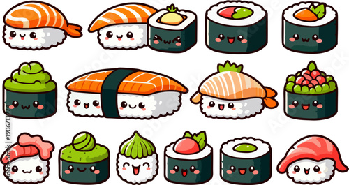 Cute Kawaii Sushi Set - Adorable Japanese Food Characters Collection Vector Illustration Bundle