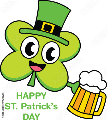 Happy st patrick s day cartoon clover character with beer