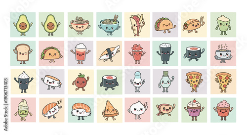 Cute and colorful cartoon sushi and Japanese food characters in a grid.