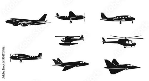 Collection of various aircraft silhouettes including airplanes and helicopters.