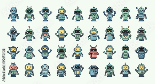 Set of cute cartoon robots with various expressions and accessories.