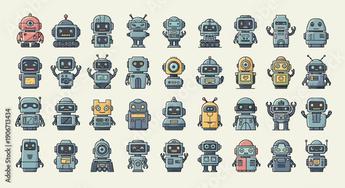 Collection of various retro and modern robot icons in different styles and colors.
