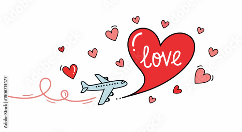 Illustration of an airplane flying towards a large red heart with the word 'love' surrounded by smaller hearts and a red ribbon on a white background.