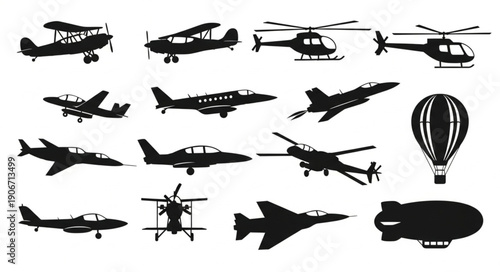 Collection of various aircraft silhouettes including airplanes helicopters and blimps.