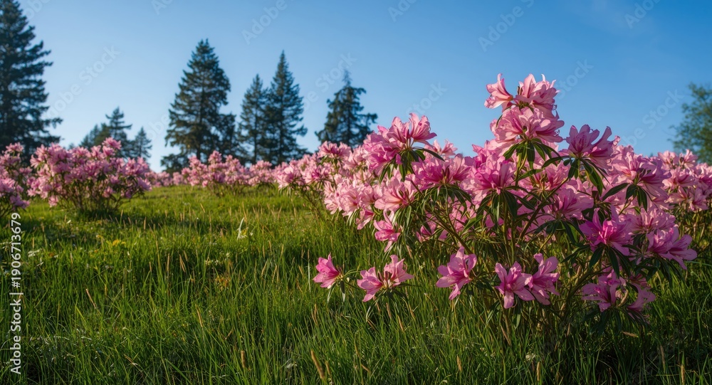 Obraz premium Bright summer meadow full of blooming pink rhododendron flowers