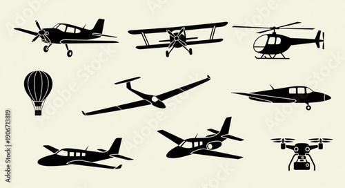 Collection of various aircraft silhouettes including planes helicopters and drones.