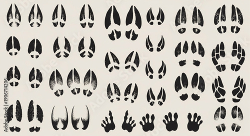 Collection of various animal footprints on a light background.