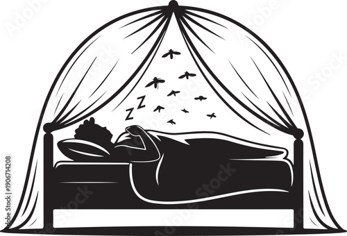 Person sleeping in bed with mosquito net, being bothered by insects
