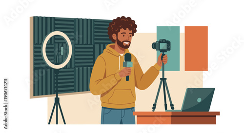 Male Video Blogger Recording Content in Home Studio