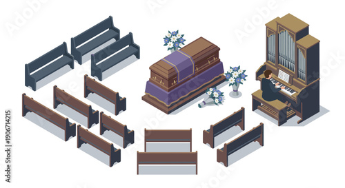 Isometric Funeral Ceremony with Coffin Organ and Benches
