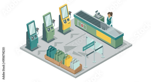 Isometric Supermarket Self-Checkout Terminals and Payment Kiosks