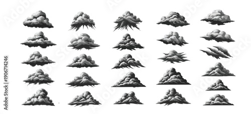 A diverse collection of stylized mountain peaks in monochromatic grayscale illustration