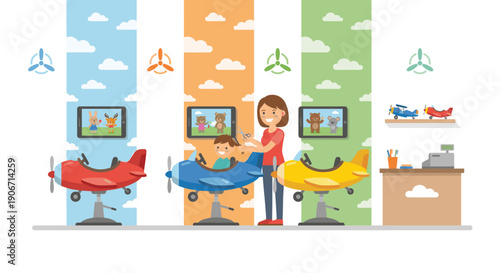 Children Hair Salon with Airplane Chairs and Hairdresser